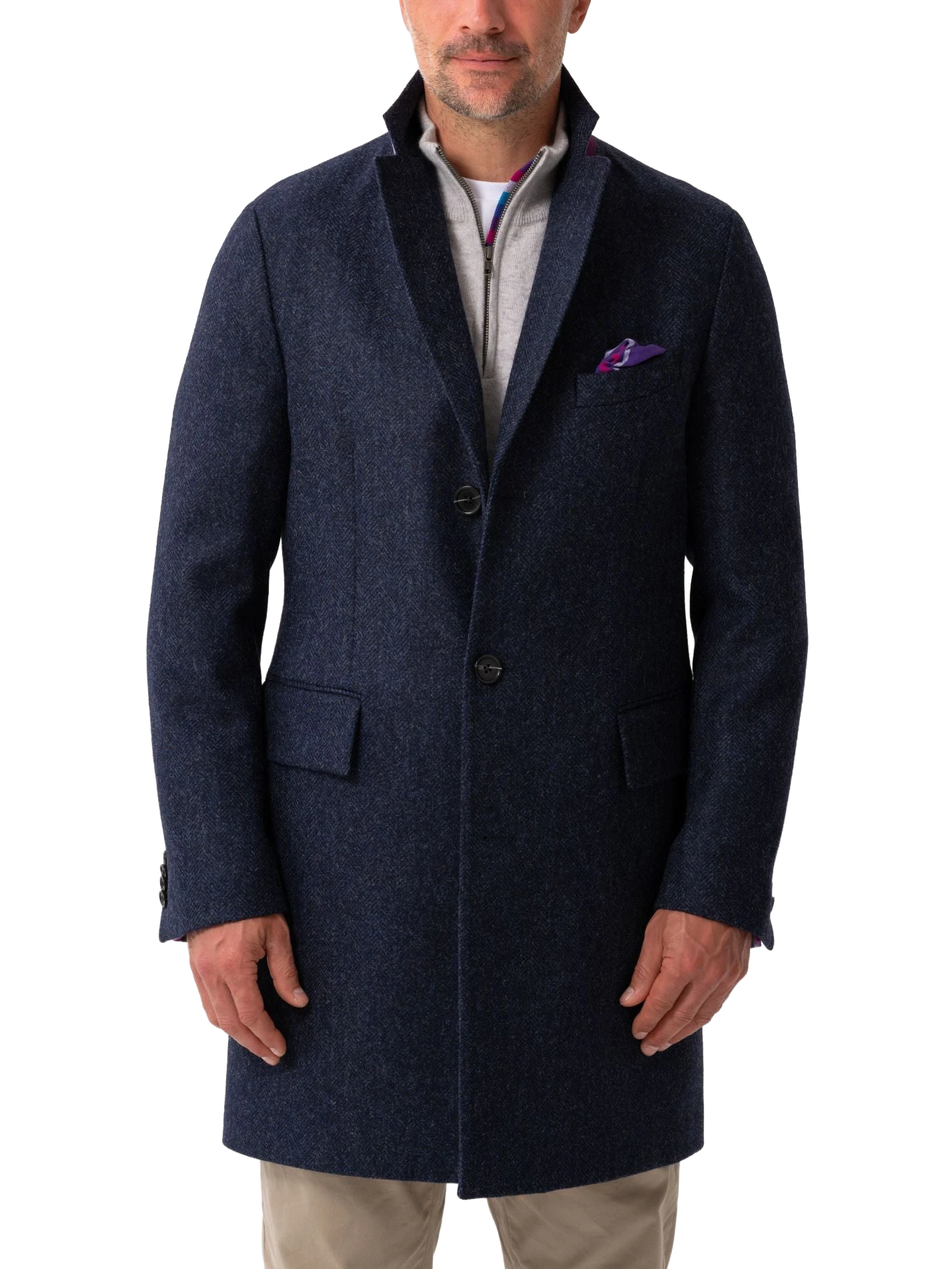 Navy Wool Herringbone Overcoat